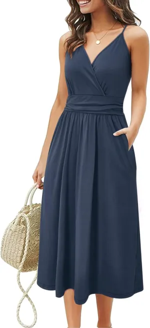 OUGES Women's Summer Spaghetti Strap V-Neck Floral Short Party Dress with Pockets