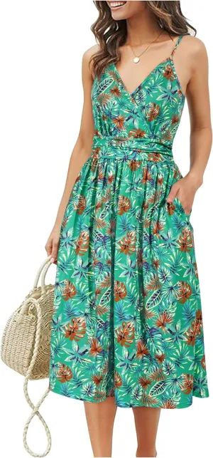 OUGES Women's Summer Spaghetti Strap V-Neck Floral Short Party Dress with Pockets