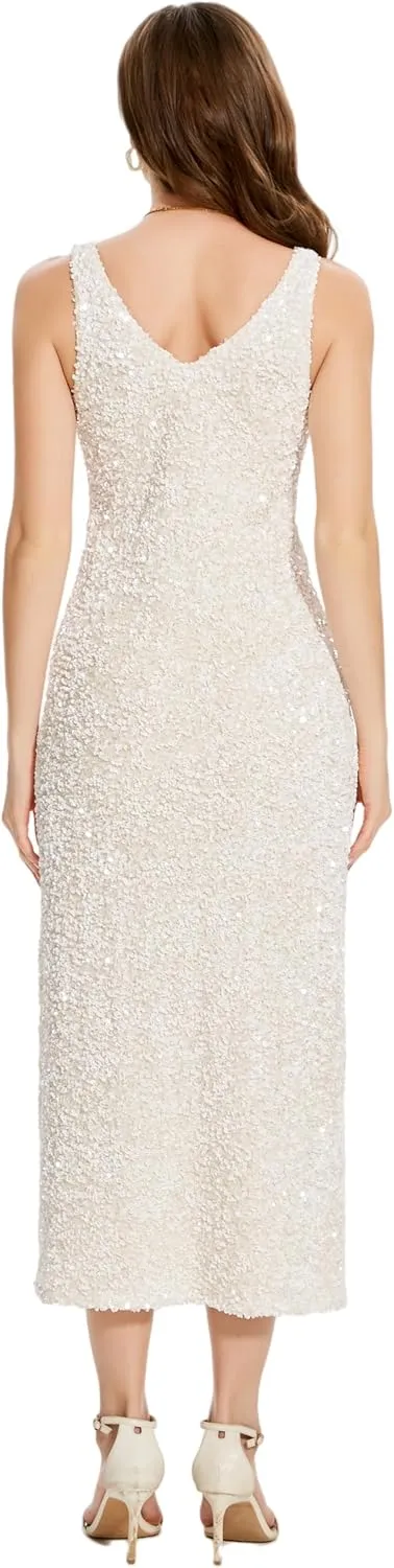 OVRUNS Women Sequin Dress Sleeveless V Neck A Line V Back with Liner Sparkly Evening Party Glitter Cocktail Formal Midi Dress