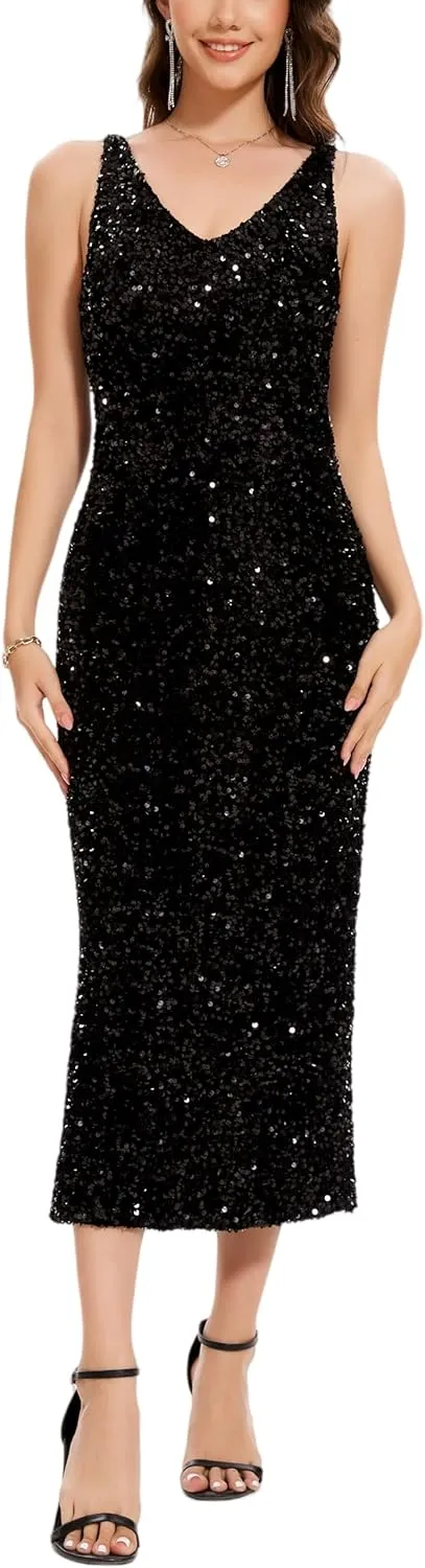 OVRUNS Women Sequin Dress Sleeveless V Neck A Line V Back with Liner Sparkly Evening Party Glitter Cocktail Formal Midi Dress