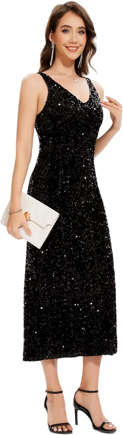 OVRUNS Women Sequin Dress Sleeveless V Neck A Line V Back with Liner Sparkly Evening Party Glitter Cocktail Formal Midi Dress