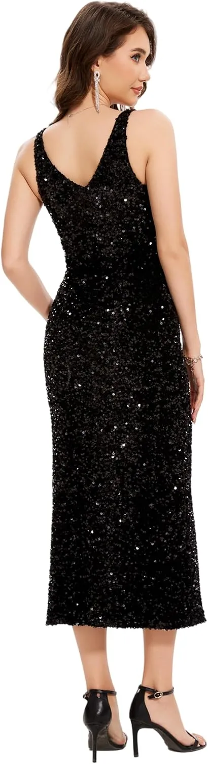OVRUNS Women Sequin Dress Sleeveless V Neck A Line V Back with Liner Sparkly Evening Party Glitter Cocktail Formal Midi Dress