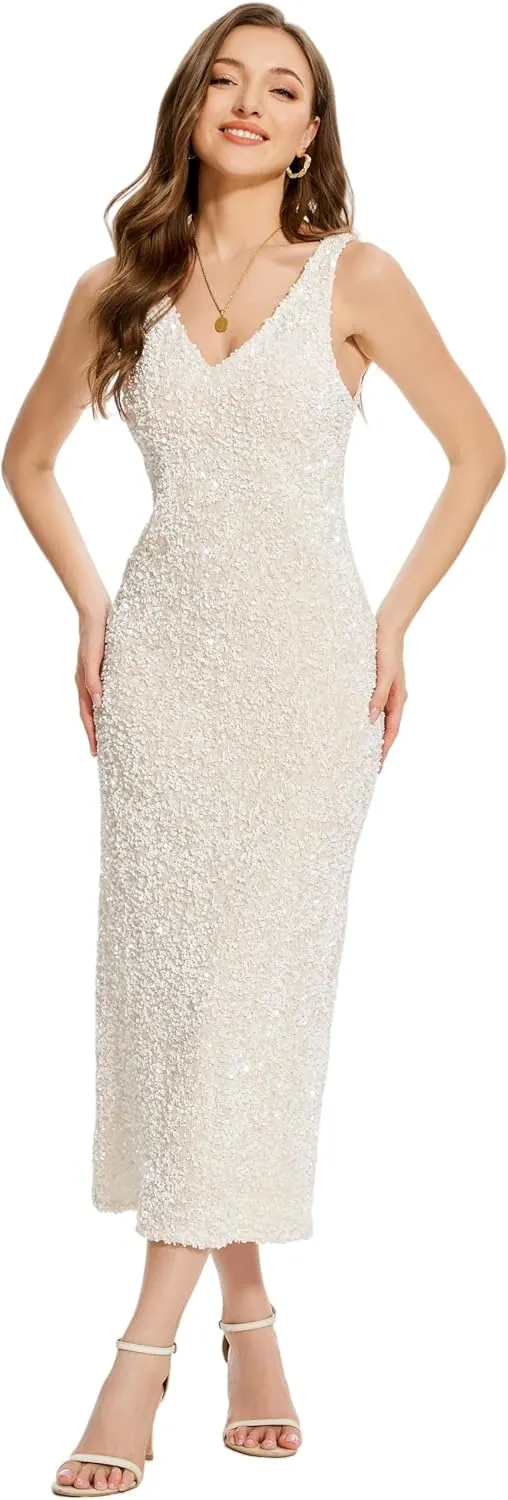 OVRUNS Women Sequin Dress Sleeveless V Neck A Line V Back with Liner Sparkly Evening Party Glitter Cocktail Formal Midi Dress