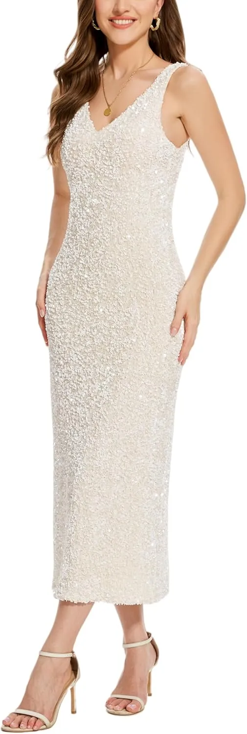 OVRUNS Women Sequin Dress Sleeveless V Neck A Line V Back with Liner Sparkly Evening Party Glitter Cocktail Formal Midi Dress