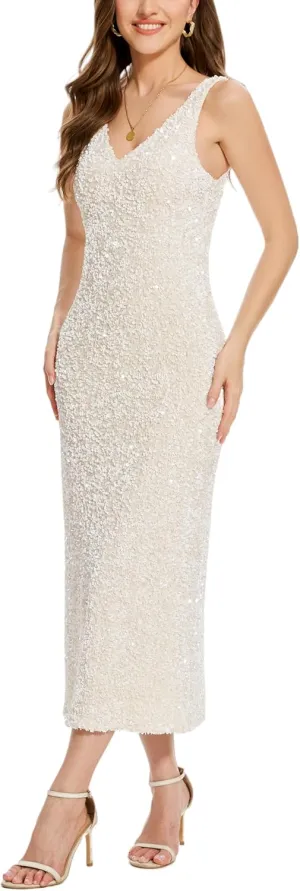 OVRUNS Women Sequin Dress Sleeveless V Neck A Line V Back with Liner Sparkly Evening Party Glitter Cocktail Formal Midi Dress