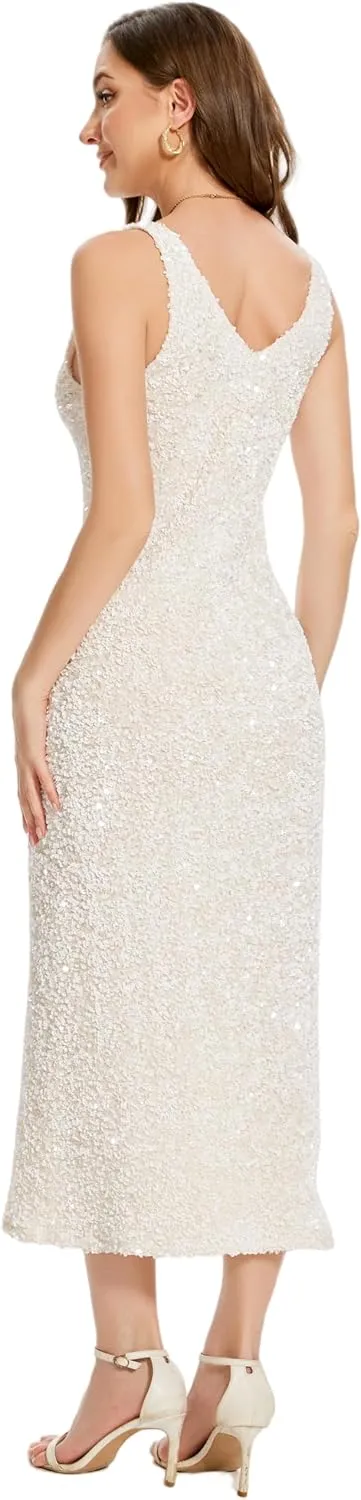 OVRUNS Women Sequin Dress Sleeveless V Neck A Line V Back with Liner Sparkly Evening Party Glitter Cocktail Formal Midi Dress