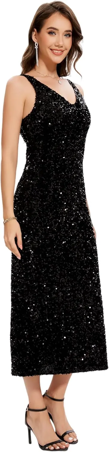 OVRUNS Women Sequin Dress Sleeveless V Neck A Line V Back with Liner Sparkly Evening Party Glitter Cocktail Formal Midi Dress