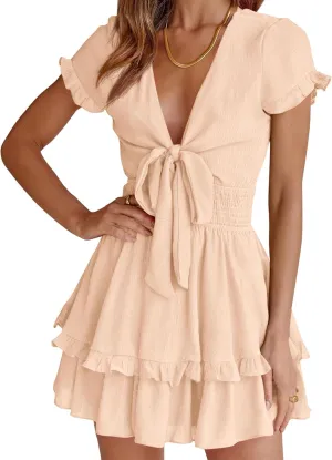 PRETTYGARDEN Women Summer Mini Short Dress 2025 Short Sleeve Casual Beach Vacation Sundress V Neck Tiered Sun Dresses