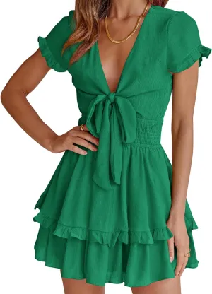 PRETTYGARDEN Women Summer Mini Short Dress 2025 Short Sleeve Casual Beach Vacation Sundress V Neck Tiered Sun Dresses
