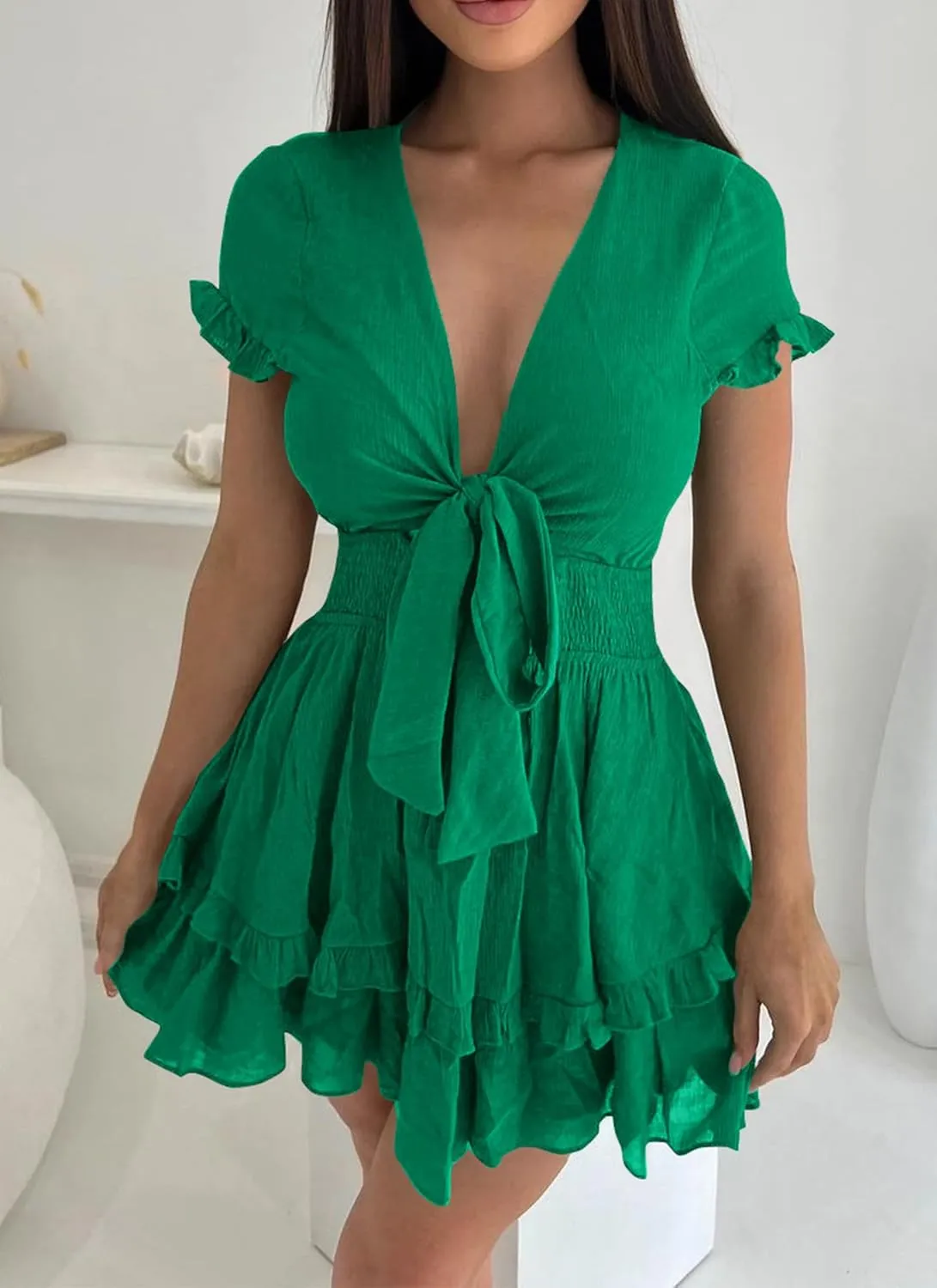 PRETTYGARDEN Women Summer Mini Short Dress 2025 Short Sleeve Casual Beach Vacation Sundress V Neck Tiered Sun Dresses