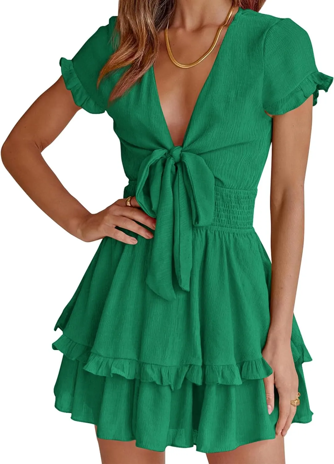 PRETTYGARDEN Women Summer Mini Short Dress 2025 Short Sleeve Casual Beach Vacation Sundress V Neck Tiered Sun Dresses
