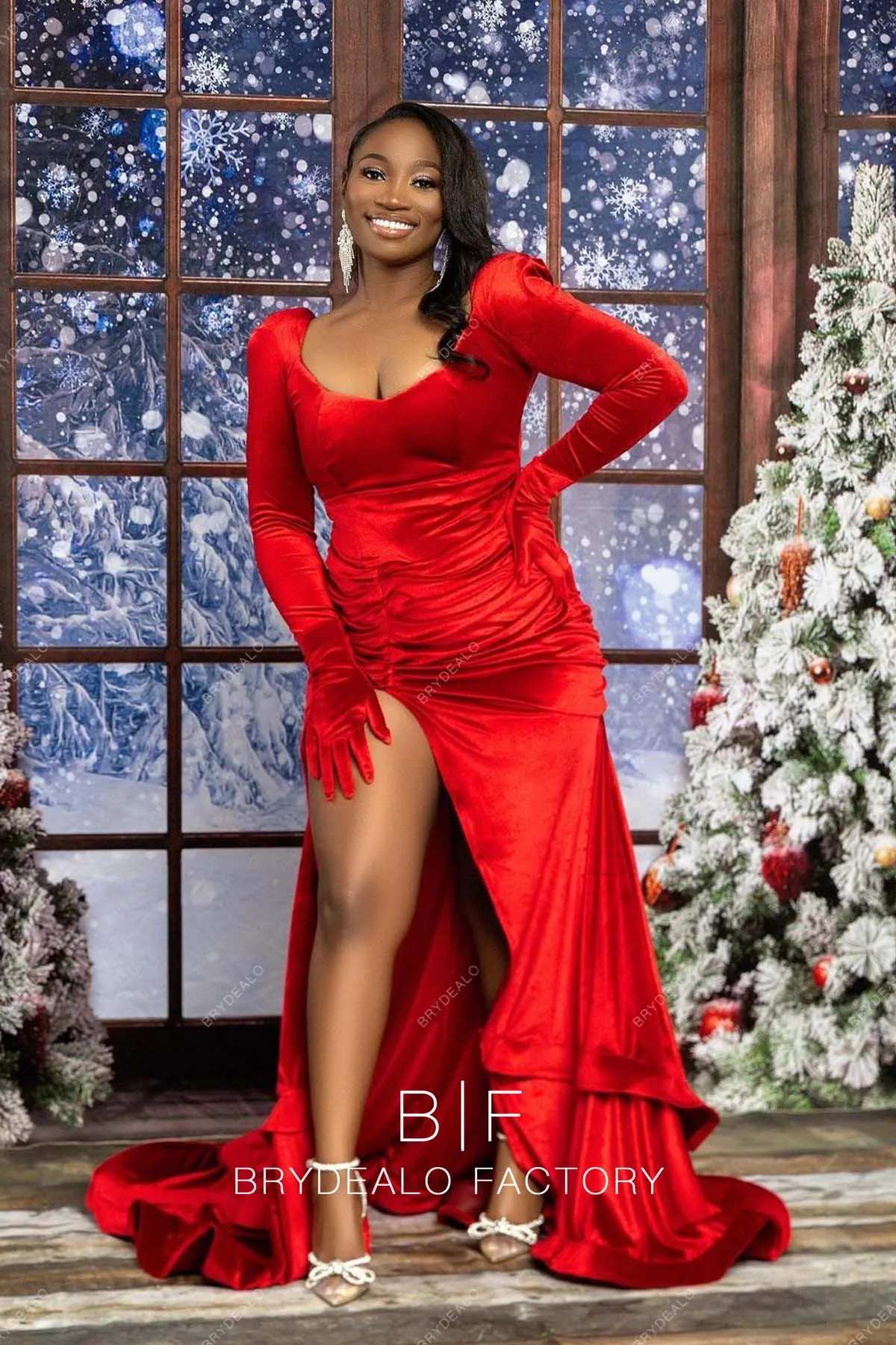 Red Velvet Long Sleeve Sexy Slit Long Christmas Day Holiday Dress