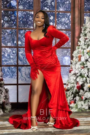 Red Velvet Long Sleeve Sexy Slit Long Christmas Day Holiday Dress