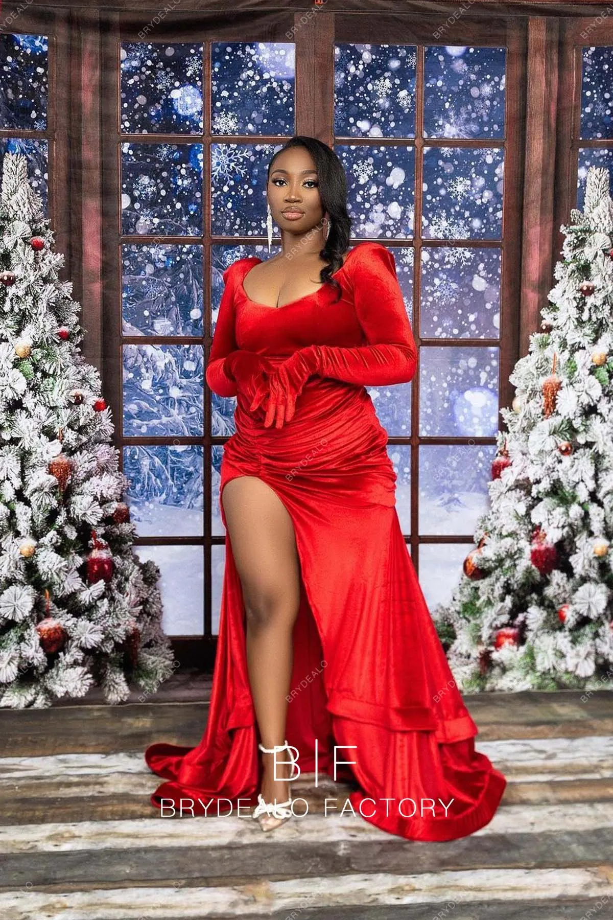 Red Velvet Long Sleeve Sexy Slit Long Christmas Day Holiday Dress