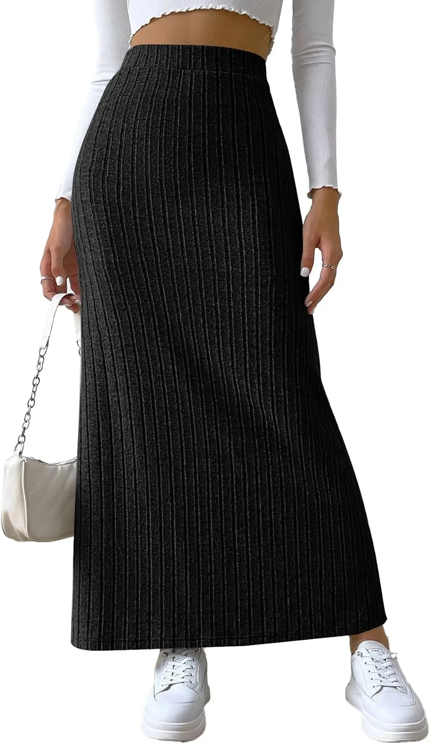 Rooscier Women's Side Slit Ribbed Knit Bodycon High Waisted Casual Long Skirts
