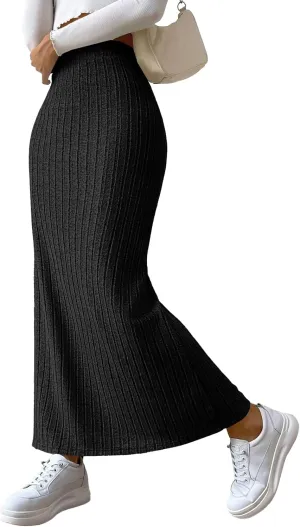 Rooscier Women's Side Slit Ribbed Knit Bodycon High Waisted Casual Long Skirts