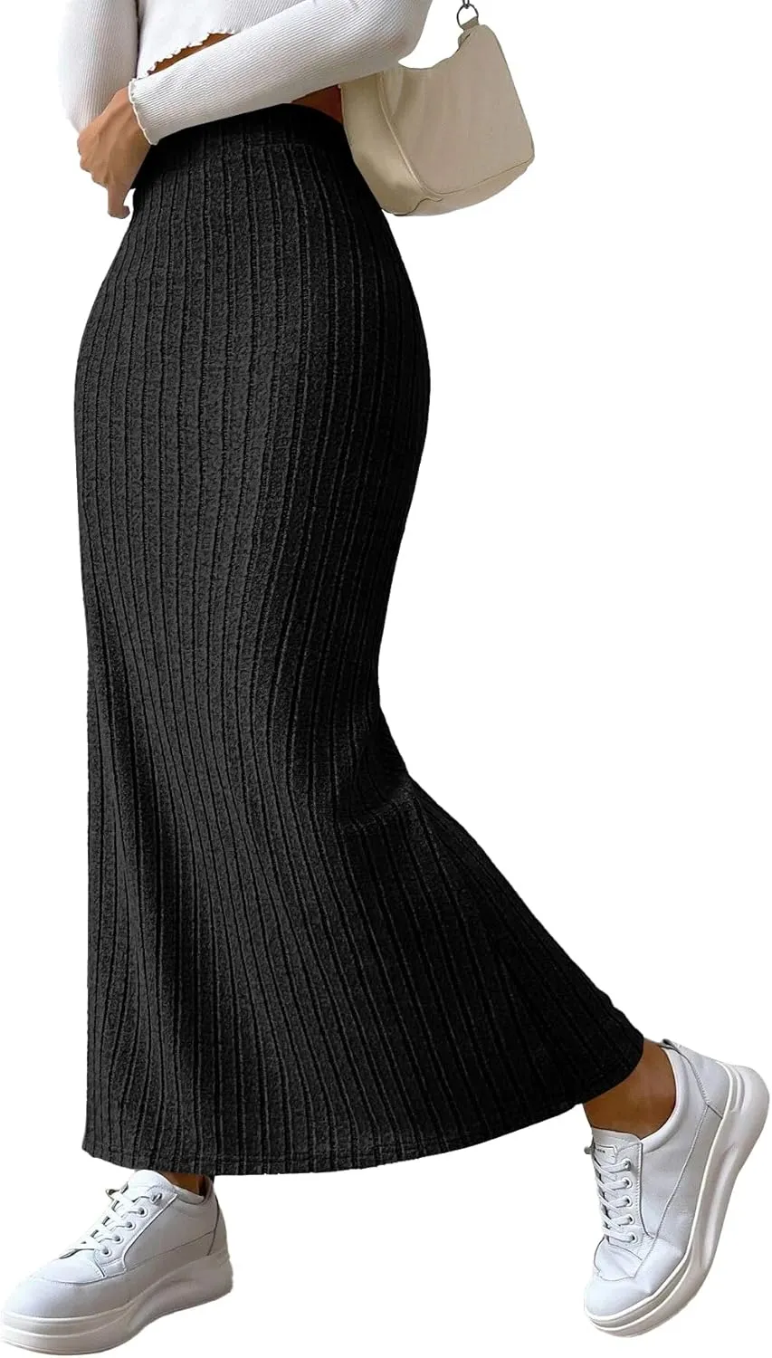 Rooscier Women's Side Slit Ribbed Knit Bodycon High Waisted Casual Long Skirts