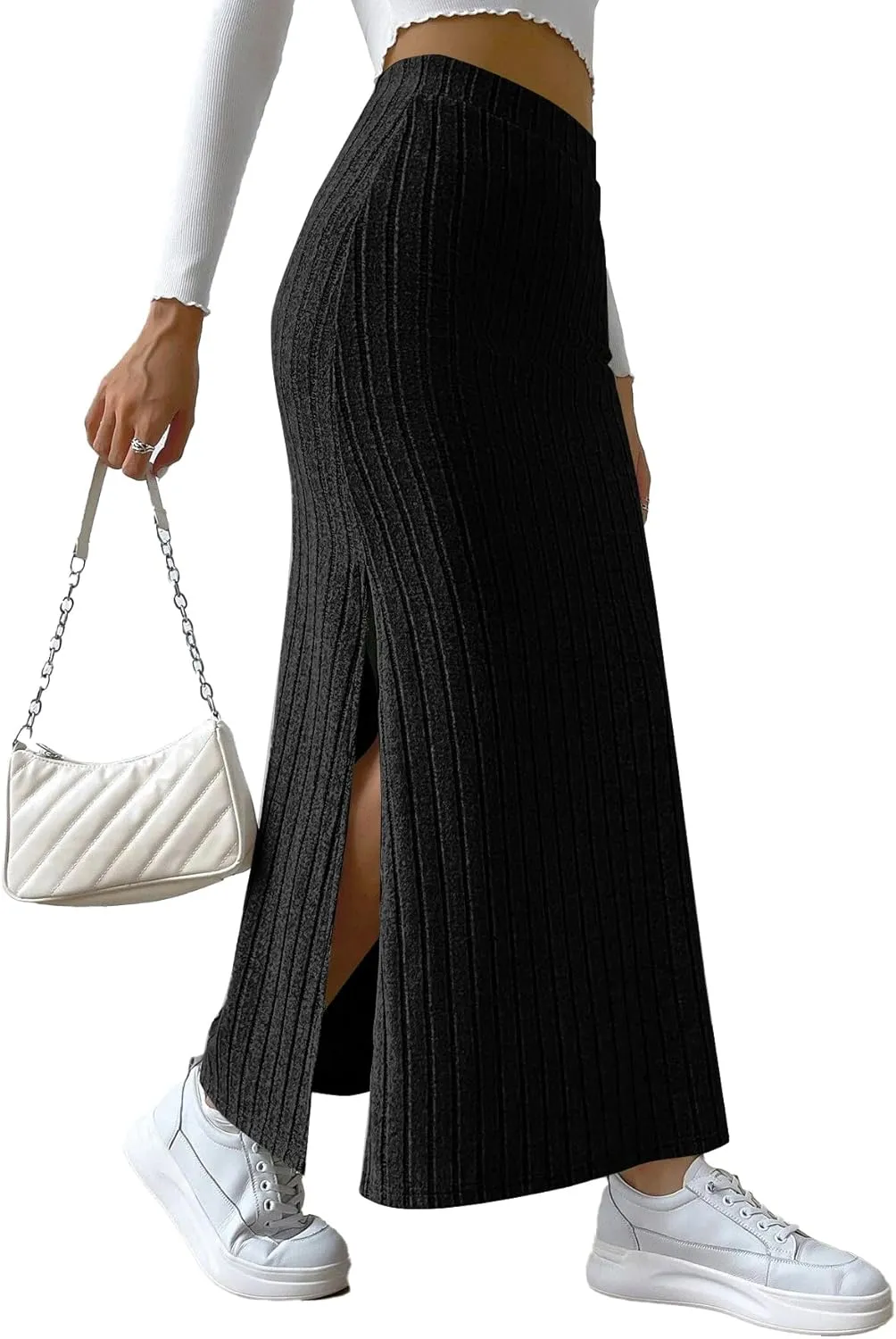 Rooscier Women's Side Slit Ribbed Knit Bodycon High Waisted Casual Long Skirts