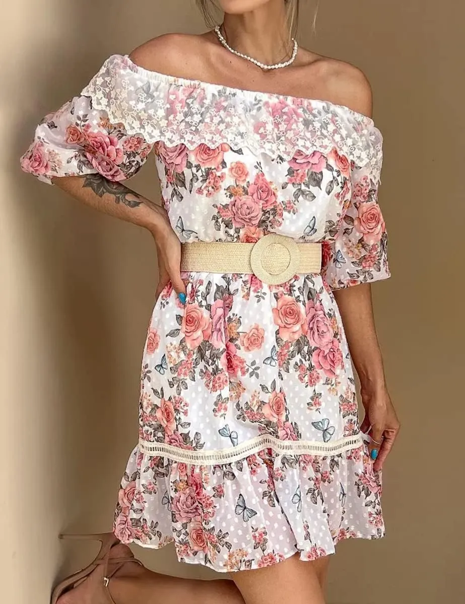 ROYLAMP Women's Summer Dresses Off The Shoulder Puff Sleeve Tiered Ruffle Hem Flowy Swing Floral Chiffon Casual Mini Dress