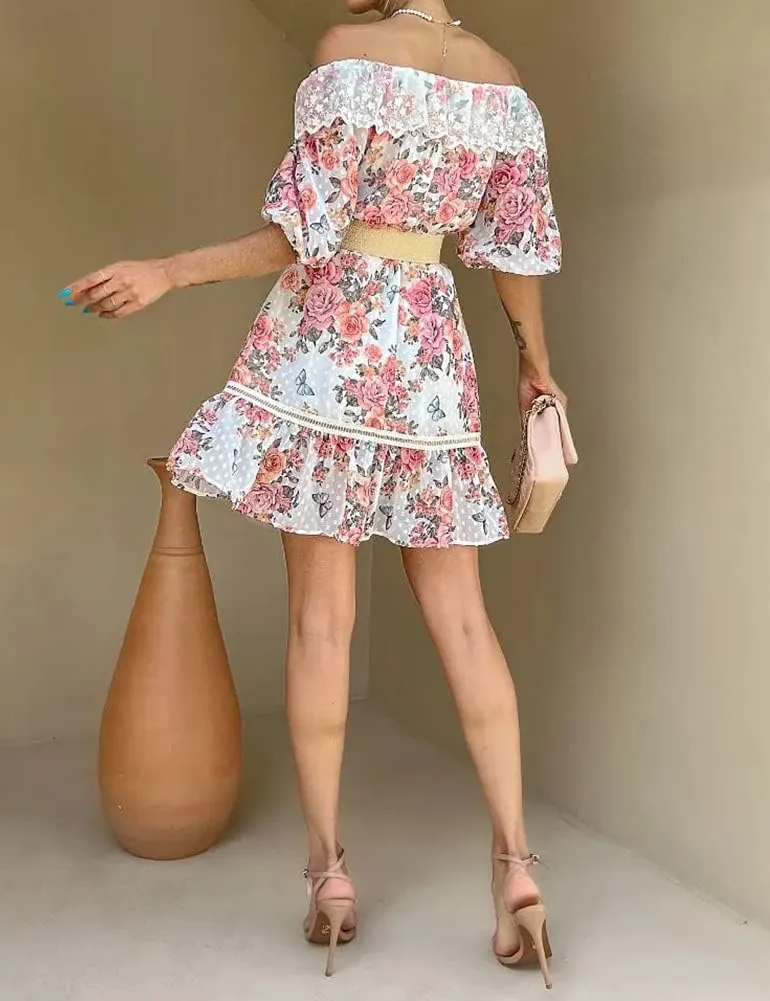 ROYLAMP Women's Summer Dresses Off The Shoulder Puff Sleeve Tiered Ruffle Hem Flowy Swing Floral Chiffon Casual Mini Dress
