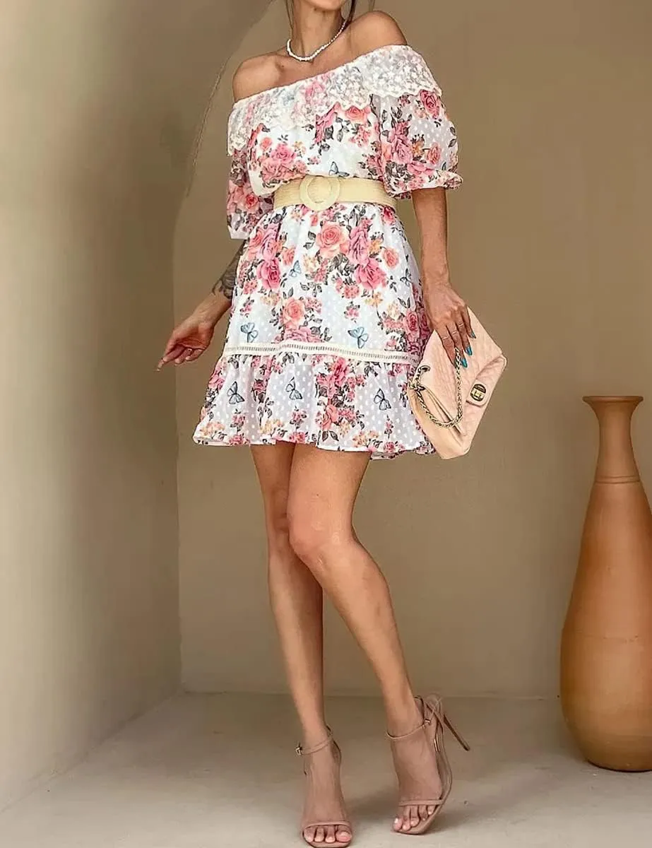 ROYLAMP Women's Summer Dresses Off The Shoulder Puff Sleeve Tiered Ruffle Hem Flowy Swing Floral Chiffon Casual Mini Dress