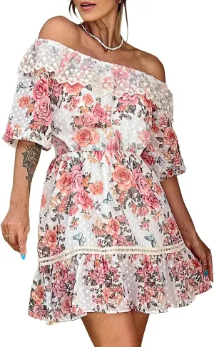 ROYLAMP Women's Summer Dresses Off The Shoulder Puff Sleeve Tiered Ruffle Hem Flowy Swing Floral Chiffon Casual Mini Dress