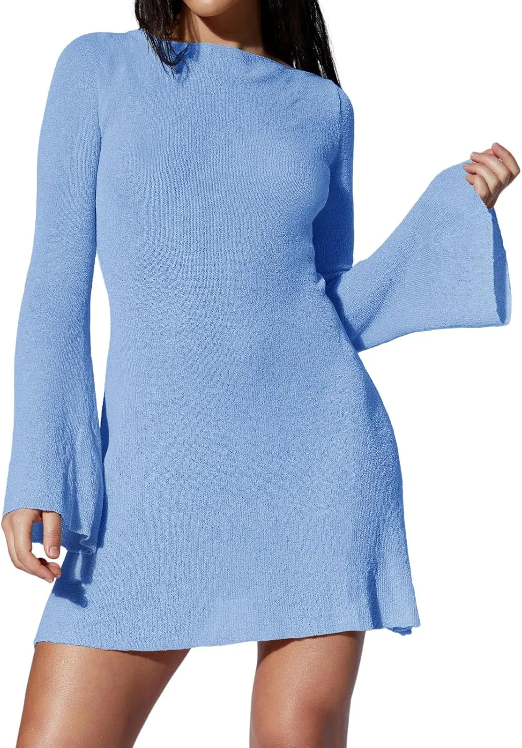 Saodimallsu Womens Swimsuit Coverup Backless Bell Long Sleeve A Line See Through Knit Summer Beach Mini Dress