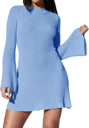 Saodimallsu Womens Swimsuit Coverup Backless Bell Long Sleeve A Line See Through Knit Summer Beach Mini Dress