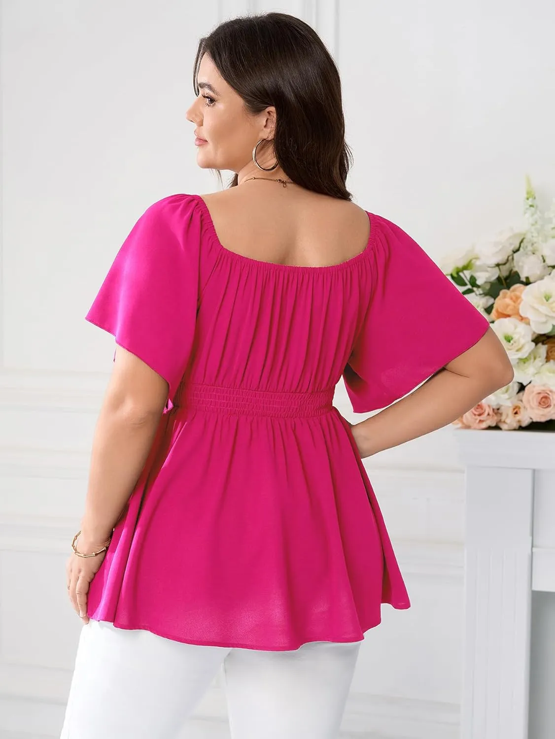 SCOMCHIC Womens Plus Size Peplum Tops Off The Shoulder Blouses Smocked Ruffle Babydoll Summer Top