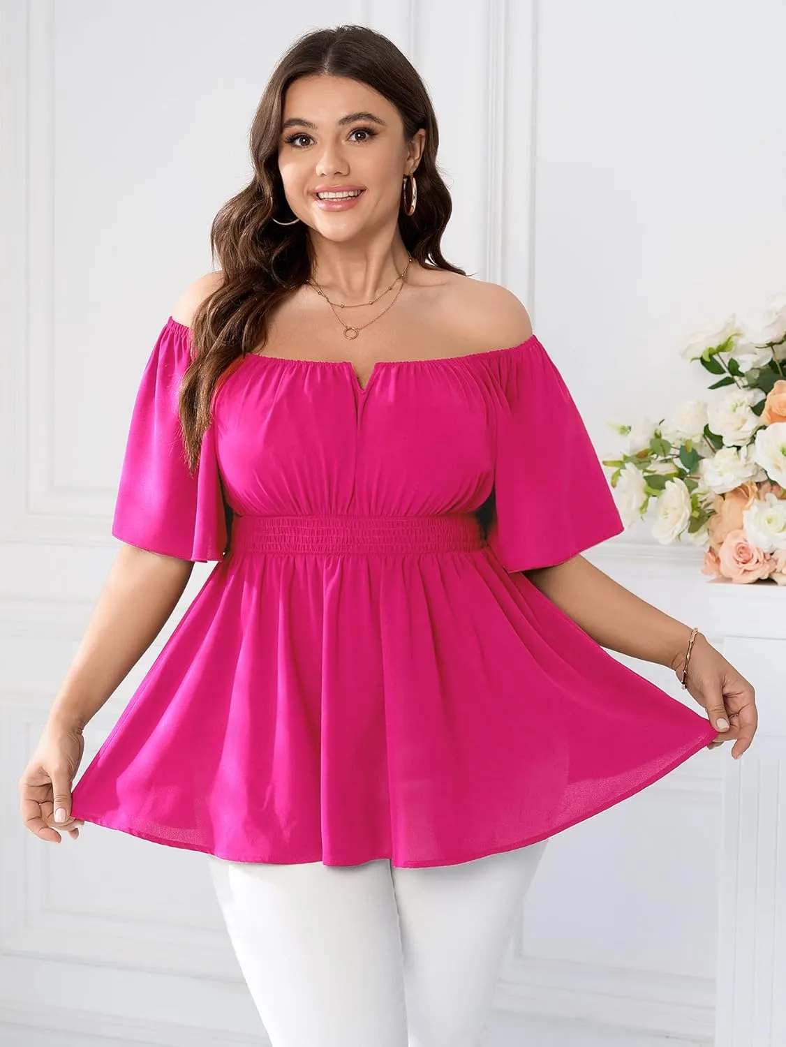 SCOMCHIC Womens Plus Size Peplum Tops Off The Shoulder Blouses Smocked Ruffle Babydoll Summer Top