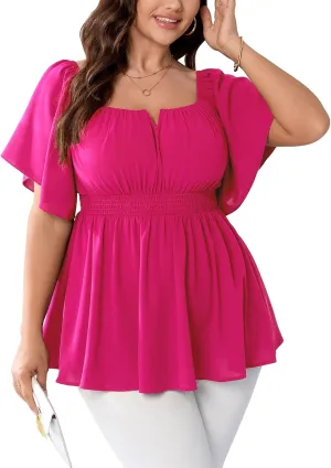 SCOMCHIC Womens Plus Size Peplum Tops Off The Shoulder Blouses Smocked Ruffle Babydoll Summer Top
