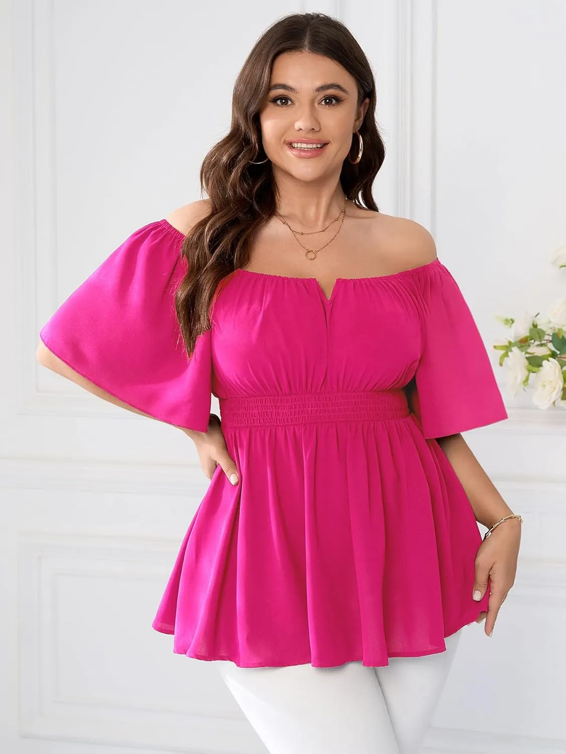 SCOMCHIC Womens Plus Size Peplum Tops Off The Shoulder Blouses Smocked Ruffle Babydoll Summer Top