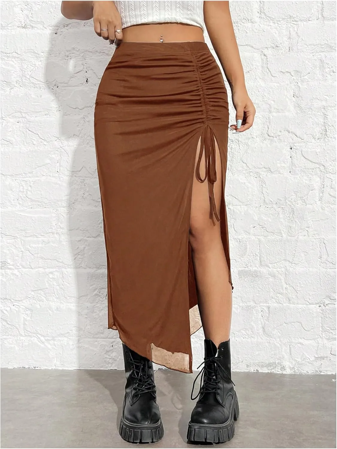 SHENHE Women's Sexy High Slit Skirt Drawstring Ruched Split Thigh Bodycon Long Skirt
