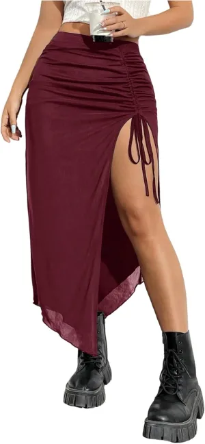 SHENHE Women's Sexy High Slit Skirt Drawstring Ruched Split Thigh Bodycon Long Skirt