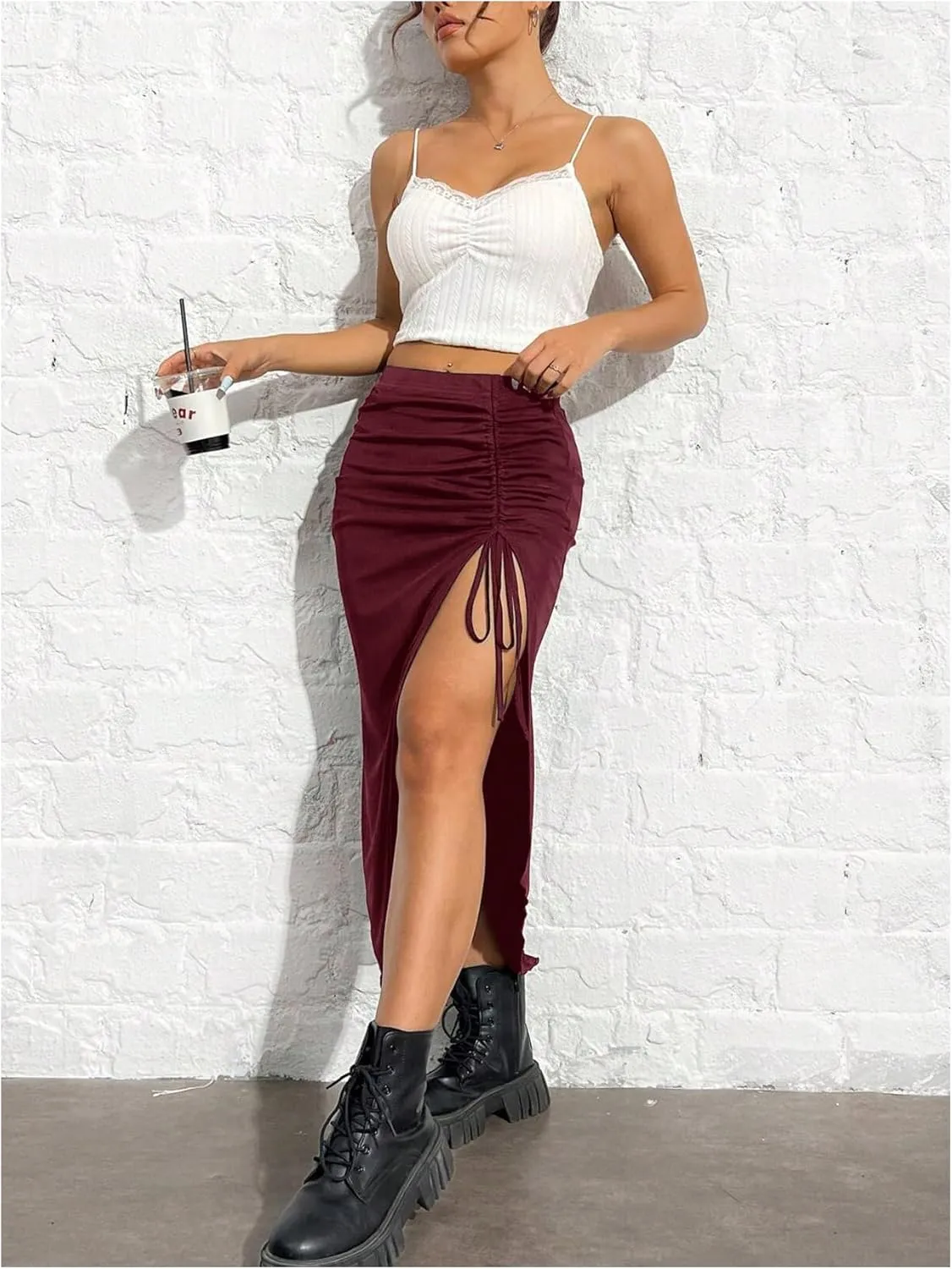 SHENHE Women's Sexy High Slit Skirt Drawstring Ruched Split Thigh Bodycon Long Skirt