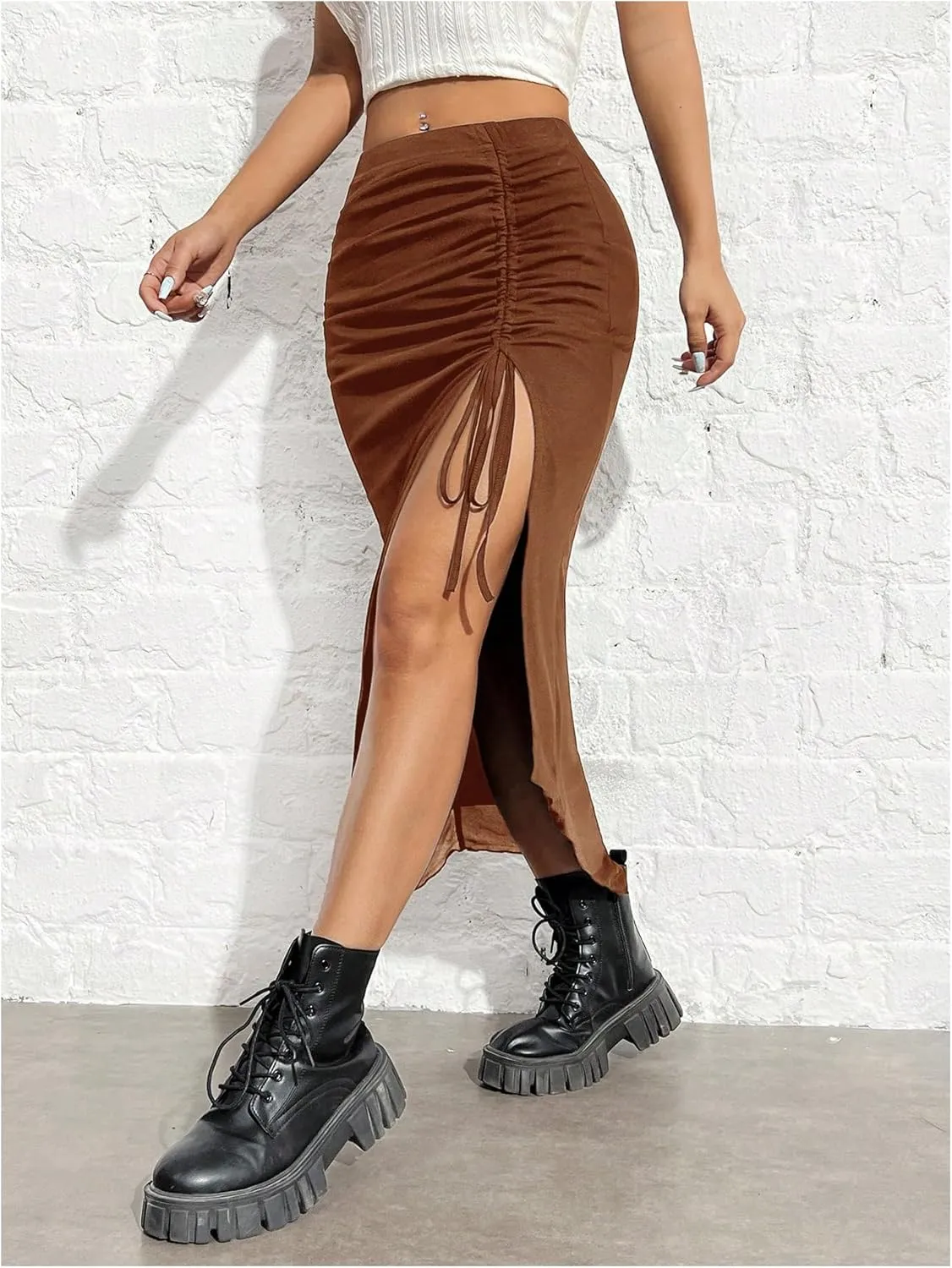 SHENHE Women's Sexy High Slit Skirt Drawstring Ruched Split Thigh Bodycon Long Skirt