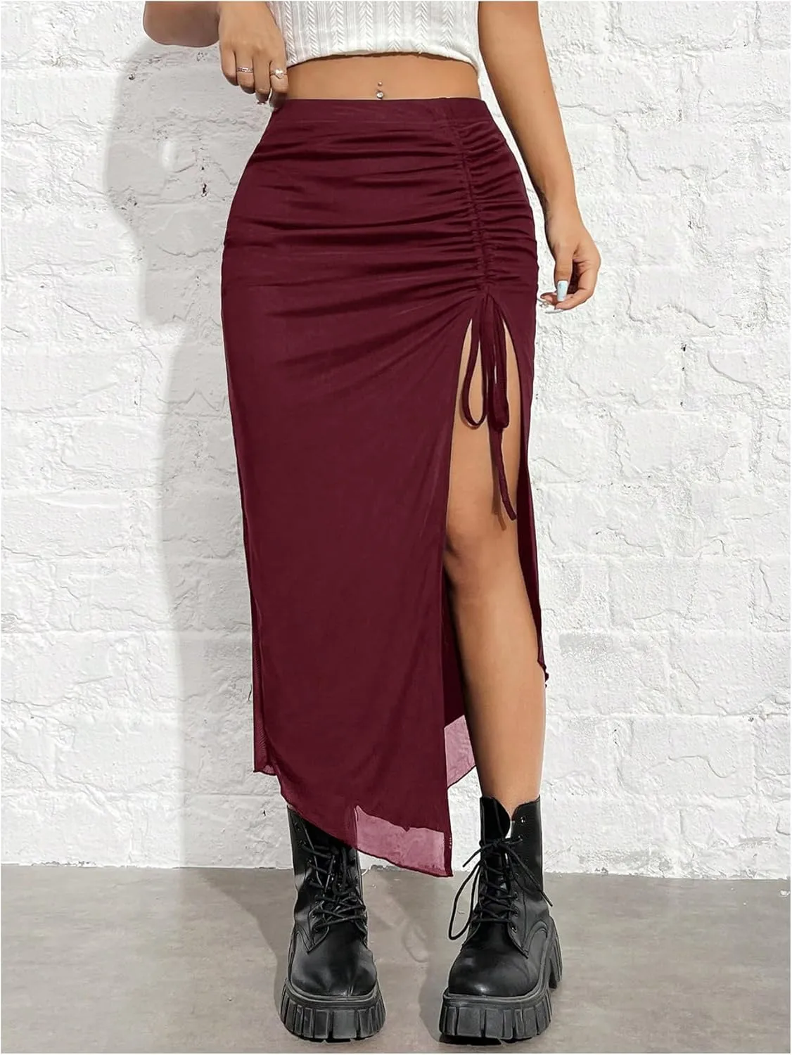 SHENHE Women's Sexy High Slit Skirt Drawstring Ruched Split Thigh Bodycon Long Skirt