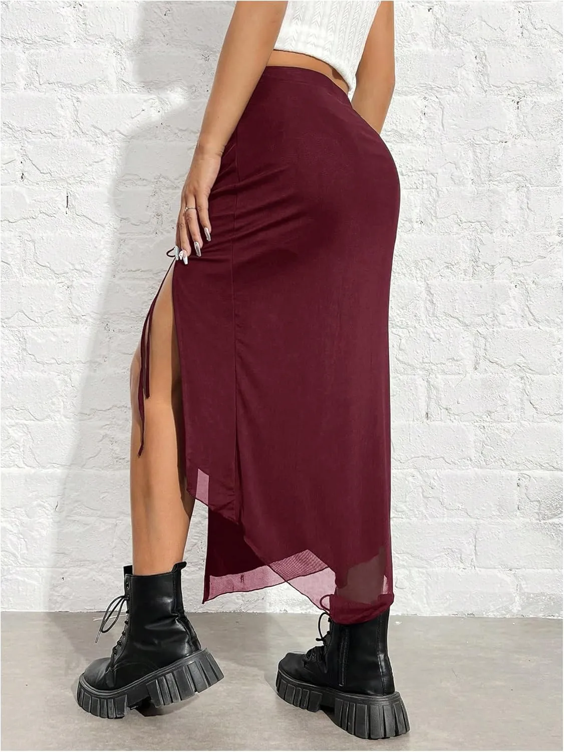 SHENHE Women's Sexy High Slit Skirt Drawstring Ruched Split Thigh Bodycon Long Skirt