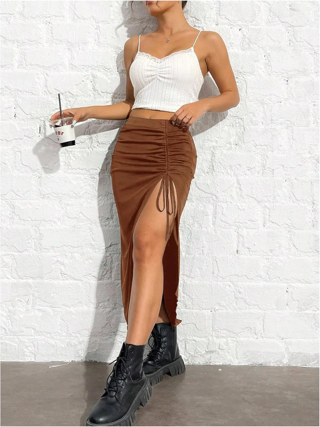 SHENHE Women's Sexy High Slit Skirt Drawstring Ruched Split Thigh Bodycon Long Skirt