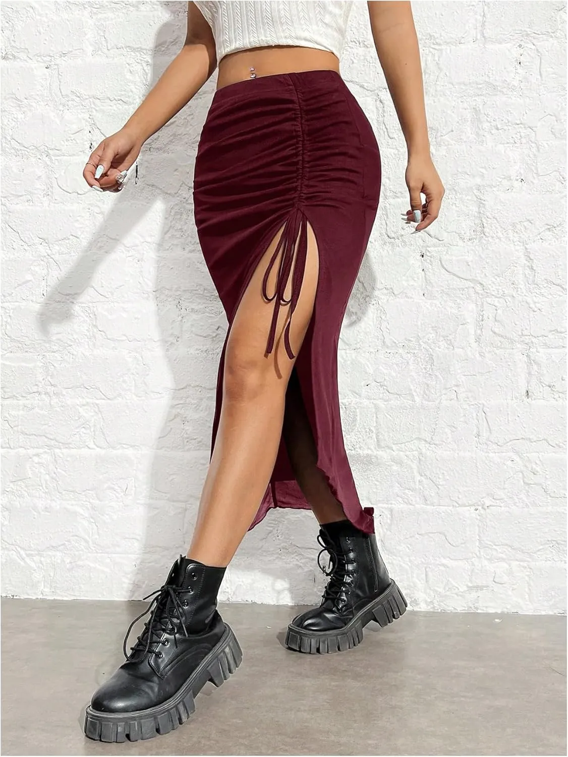 SHENHE Women's Sexy High Slit Skirt Drawstring Ruched Split Thigh Bodycon Long Skirt
