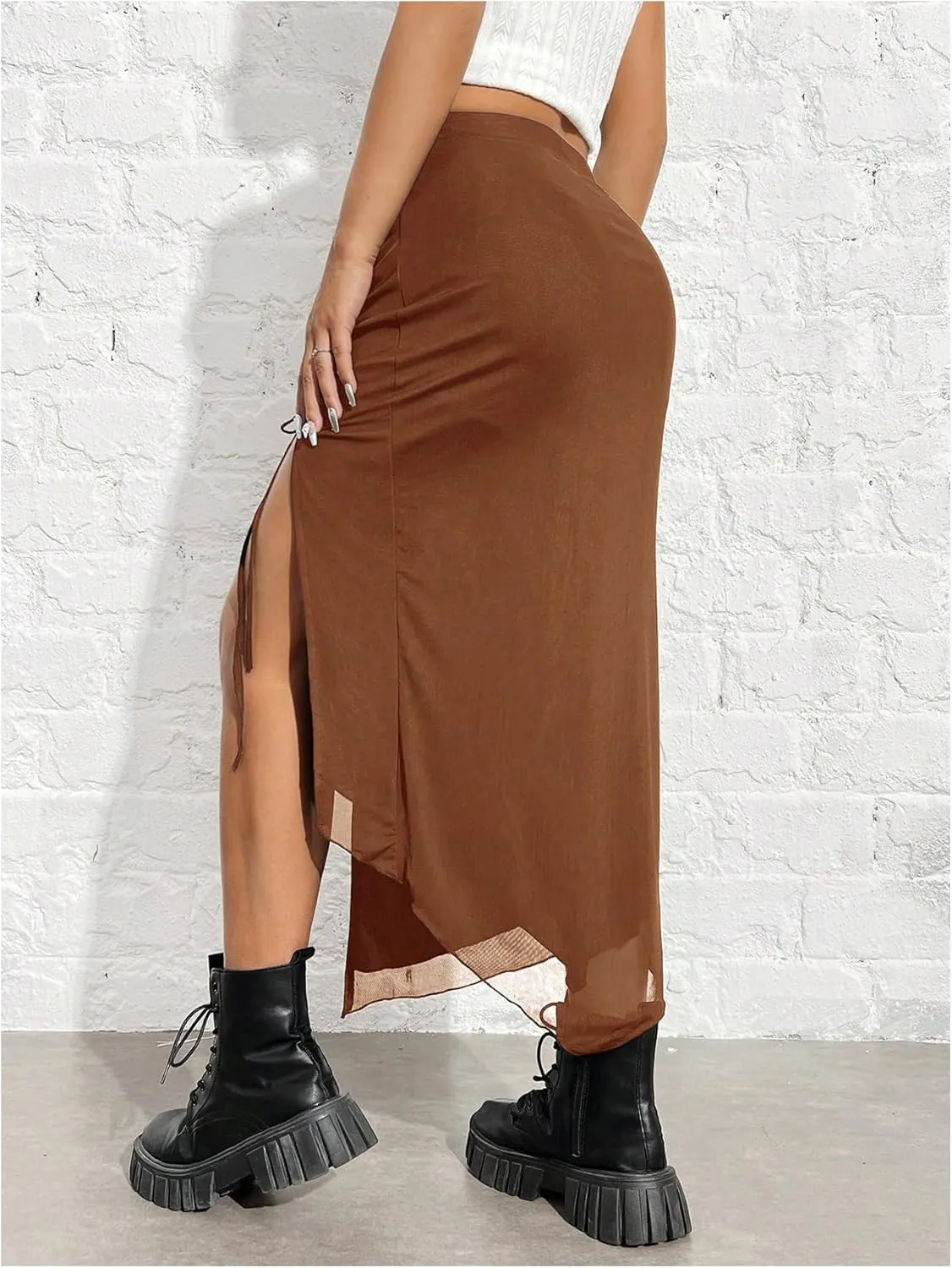 SHENHE Women's Sexy High Slit Skirt Drawstring Ruched Split Thigh Bodycon Long Skirt