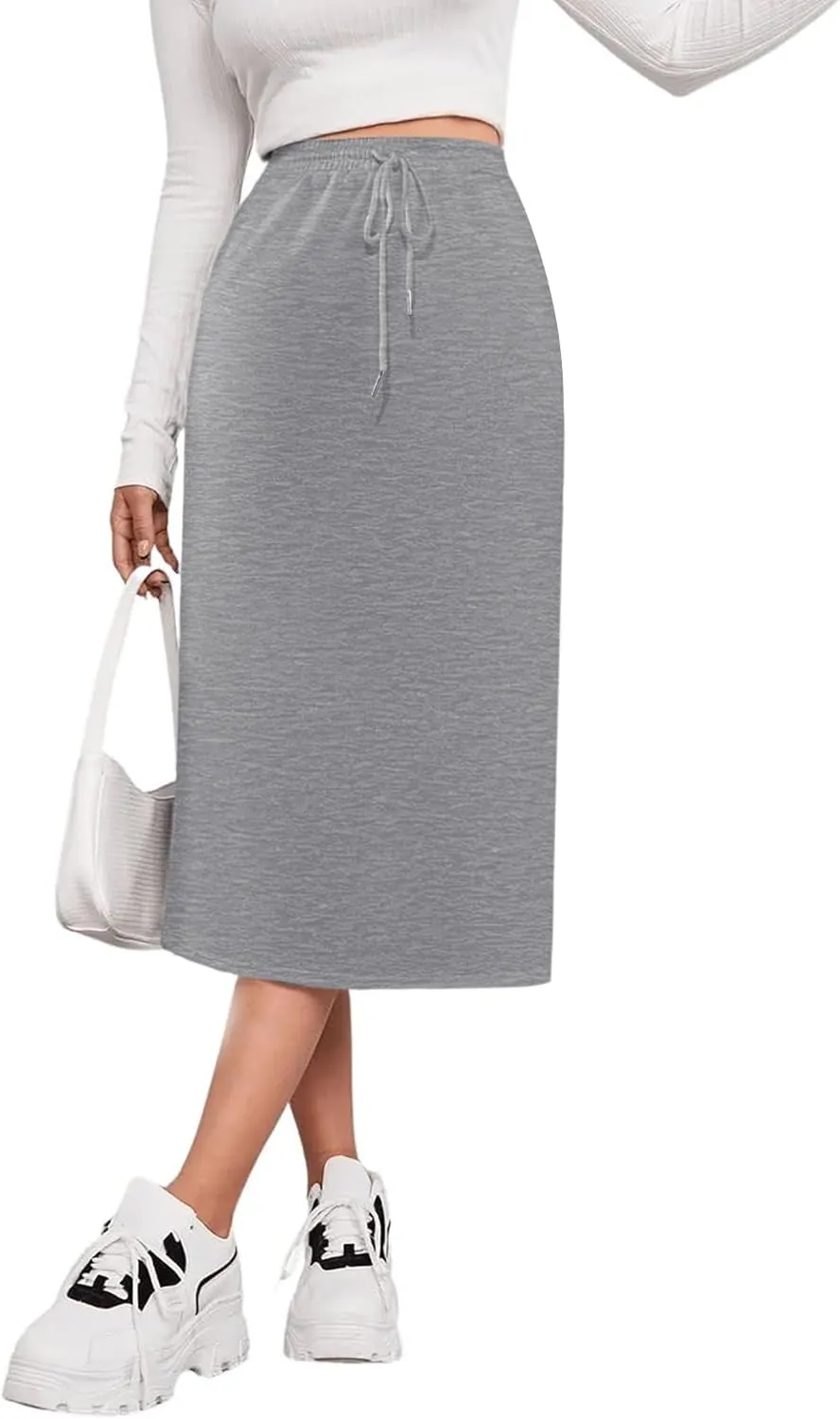 SOFIA'S CHOICE Women's Midi Skirt Drawstring High Waist Slit Skirts with Pockets