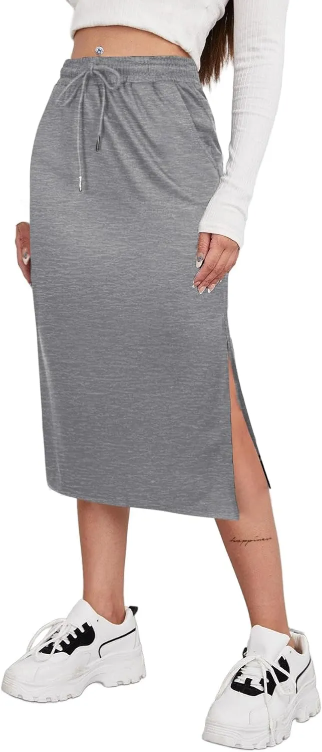 SOFIA'S CHOICE Women's Midi Skirt Drawstring High Waist Slit Skirts with Pockets