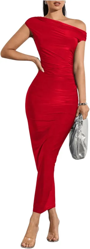 SOLY HUX Women's Off The Shoulder Maxi Dress Bodycon Ruched Asymmetrical Neck Long Dresses Party Evening Dress