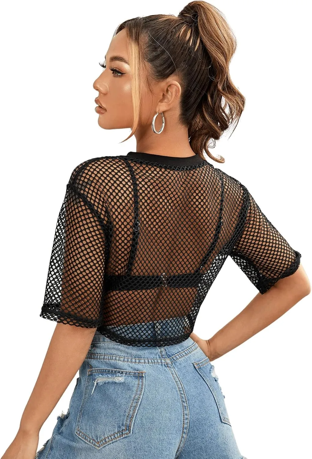 SweatyRocks Women's Sexy Fishnet Sheer Long Sleeve Blouse See Through Mesh Crop Top