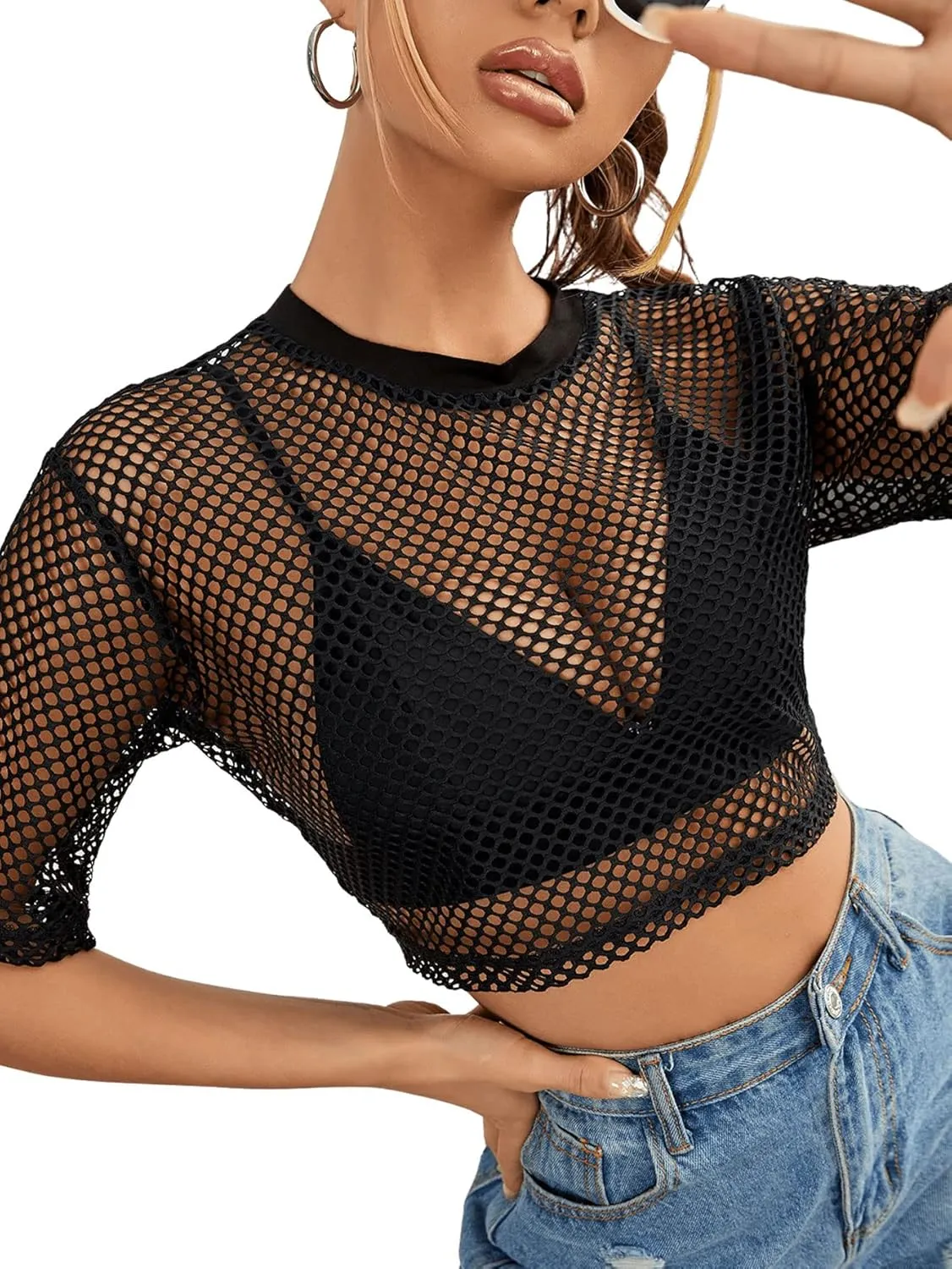 SweatyRocks Women's Sexy Fishnet Sheer Long Sleeve Blouse See Through Mesh Crop Top
