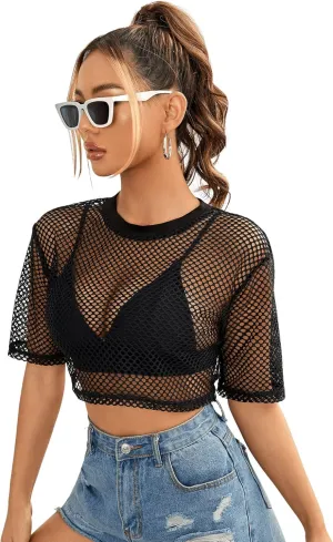 SweatyRocks Women's Sexy Fishnet Sheer Long Sleeve Blouse See Through Mesh Crop Top