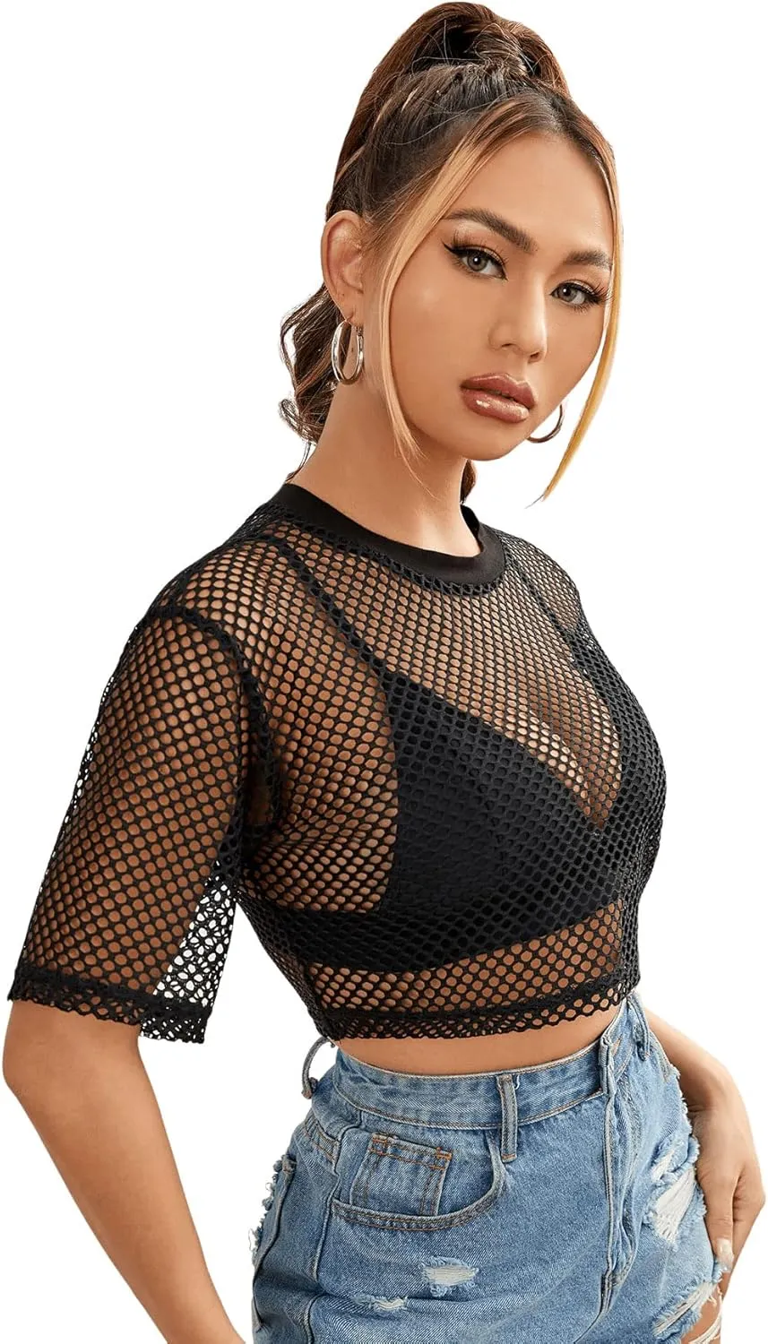 SweatyRocks Women's Sexy Fishnet Sheer Long Sleeve Blouse See Through Mesh Crop Top