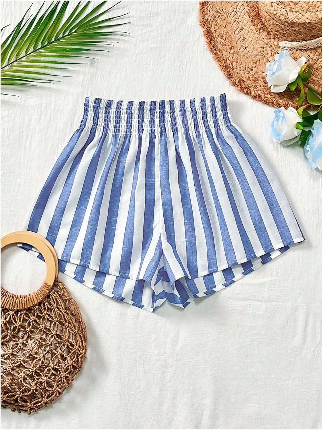 SweatyRocks Women's Striped Wide Leg Shorts Paperbag High Waisted Casual Linen Shorts