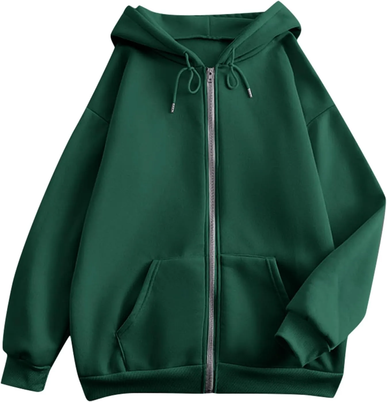Tops for Women Zip Up Hooded Sweatshirt Ladies Solid Color Long Sleeve Casual Loose Lightweight Jacket with Pockets
